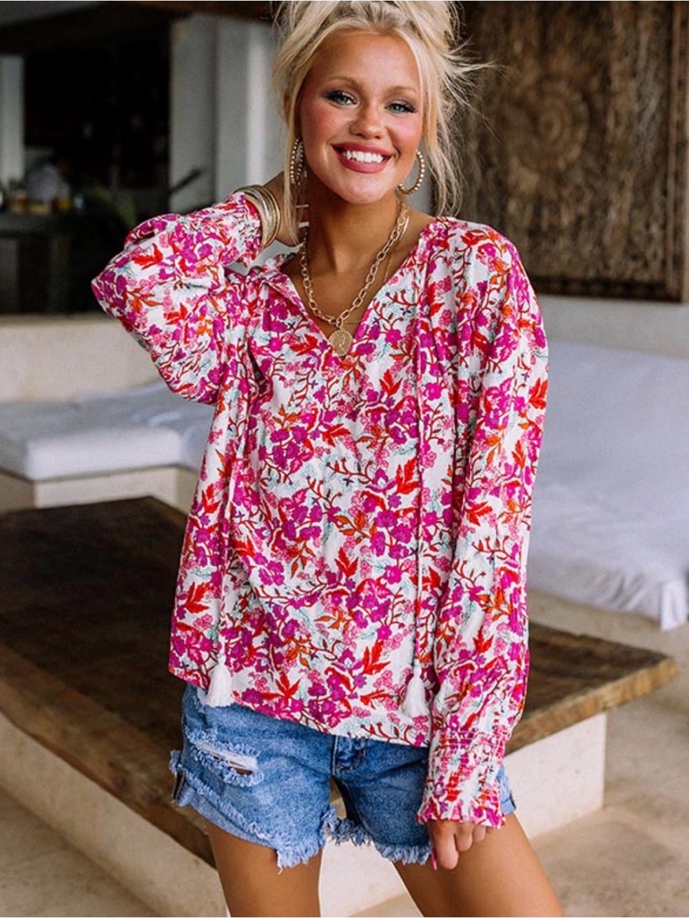 Sugarlips Boho Floral Tassel Blouse Pink Orange Size M Weylin Split Neck Tie